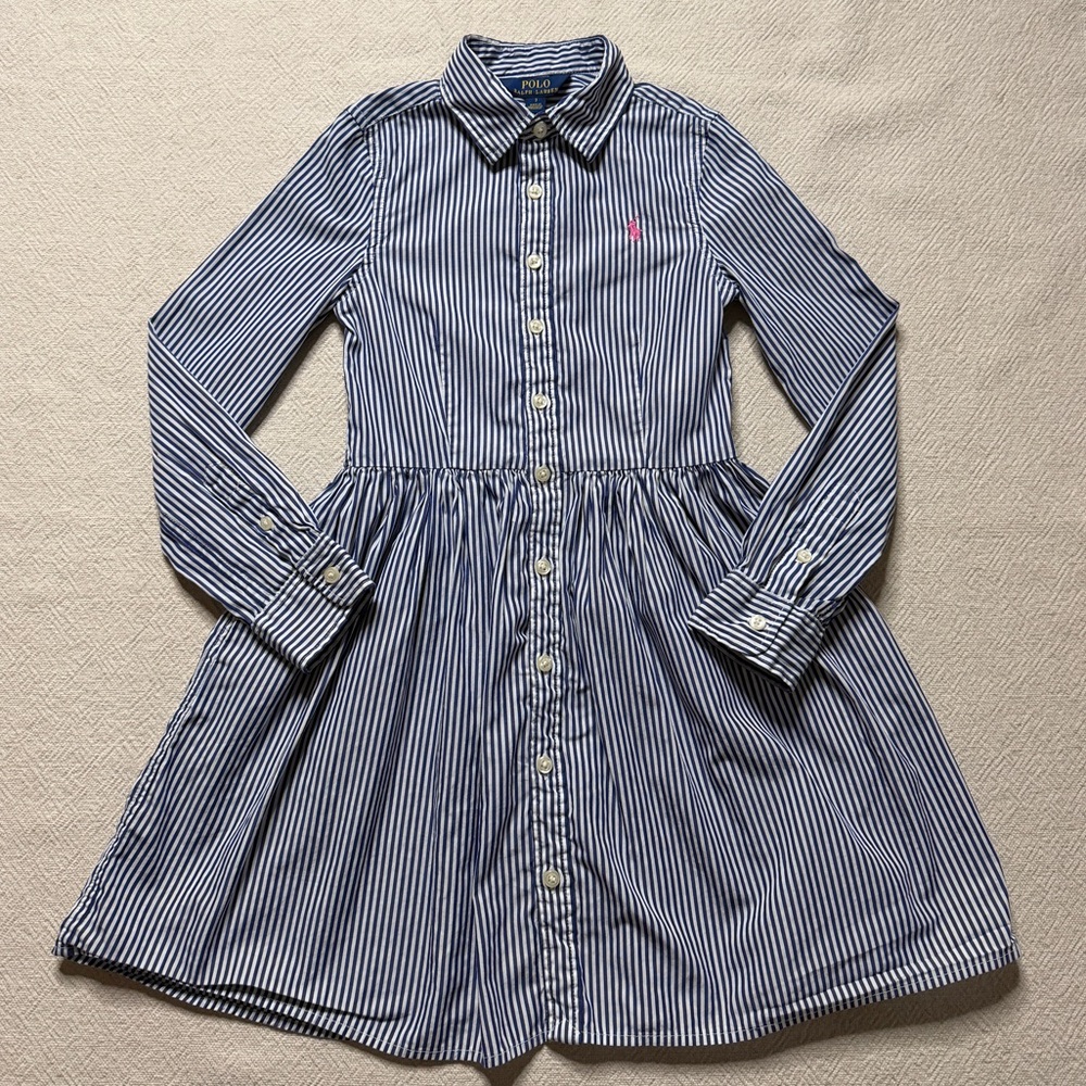 Ralph Lauren Polo Girls White Blue Striped Poplin Cotton Shirt Dress 7 Preppy - Picture 2 of 9